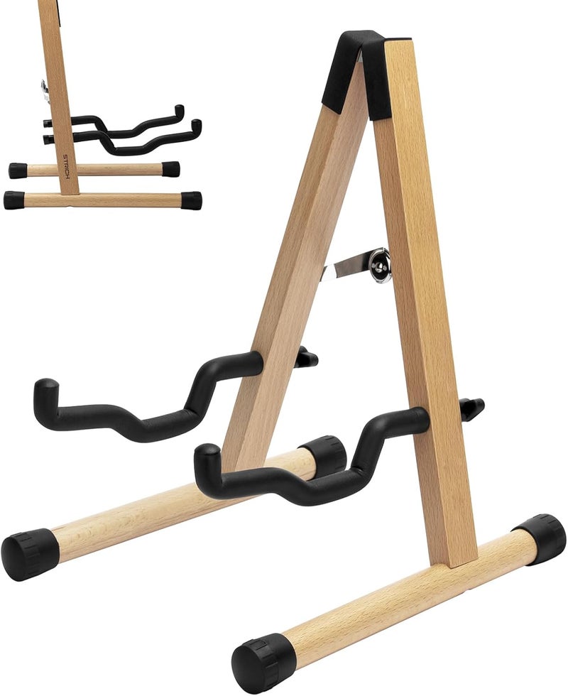 STRICH A-Frame Hardwood Floor Guitar Stand, Acoustic Guitar Stand Adjustable Folding Electric Guitars Holder, Universal for Acoustic, Electric, Bass, Ukulele, Non-Slip (Oak Wood) - Image 1